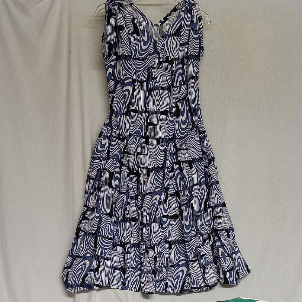 Vintage Unfinished Handmade Dropwaist Sundress Shoulder Ties Blue Swirl
